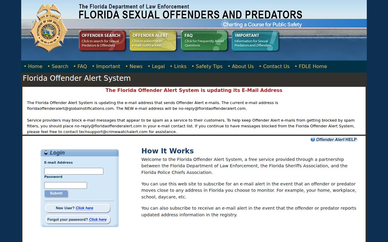 Florida Offender Alert enrollment page for registry notifications
