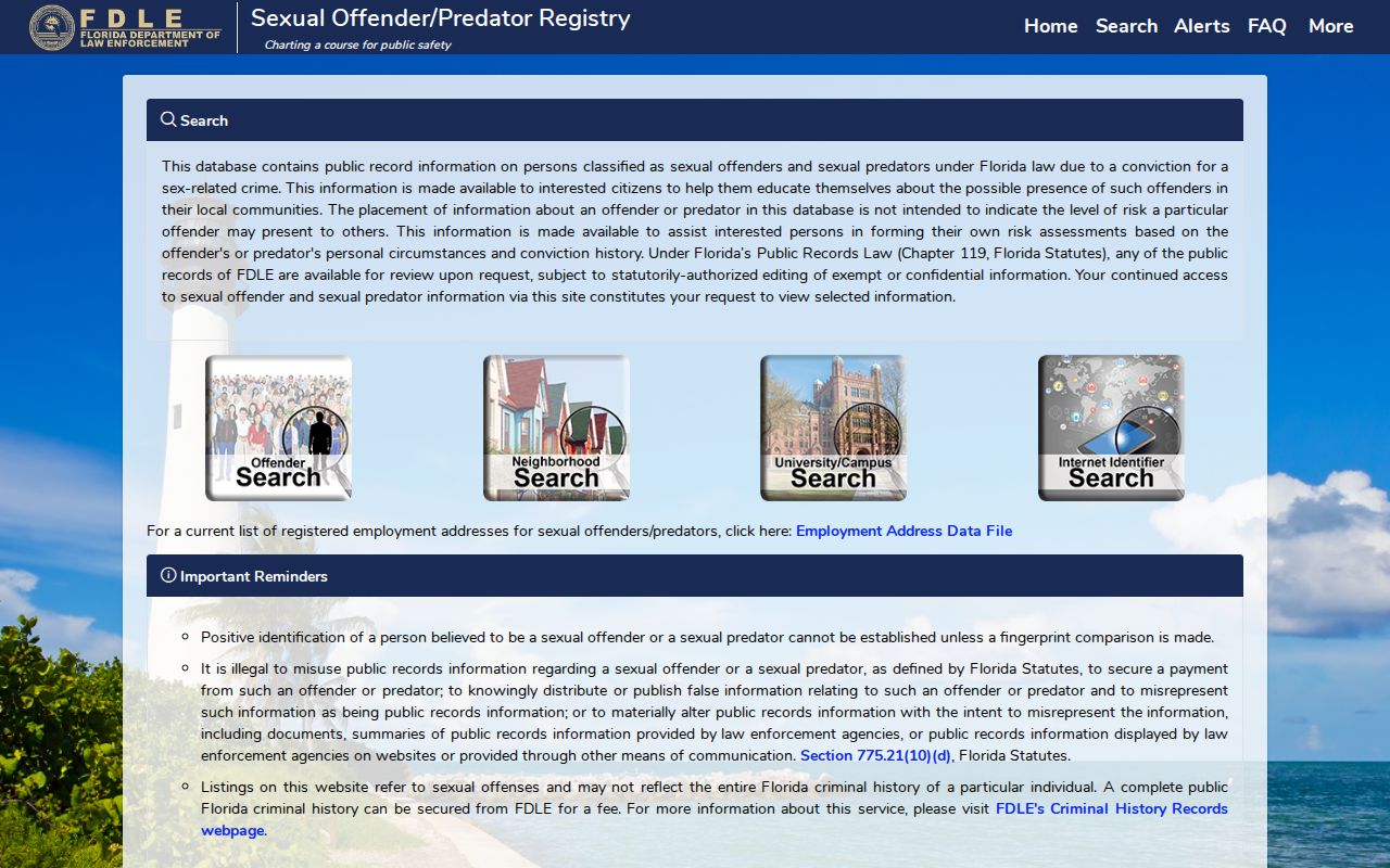 FDLE registry page showing Florida offender search modes